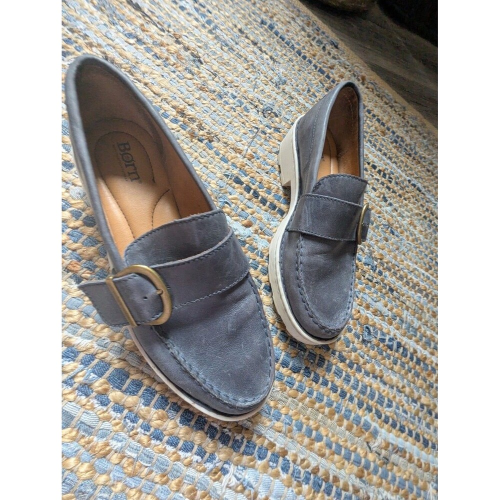 Born Contesta Slate Blue Leather Lug Sole Loafers 9 Chunky Buckle Comfort Shoes - Picture 9 of 12